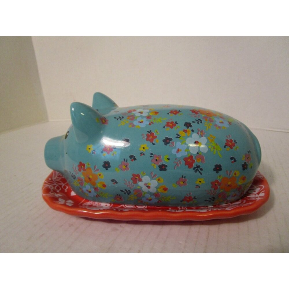 Pig Ceramic Covered Butter Dish Blue with Multi-Color Flowers by Gibson Everyday